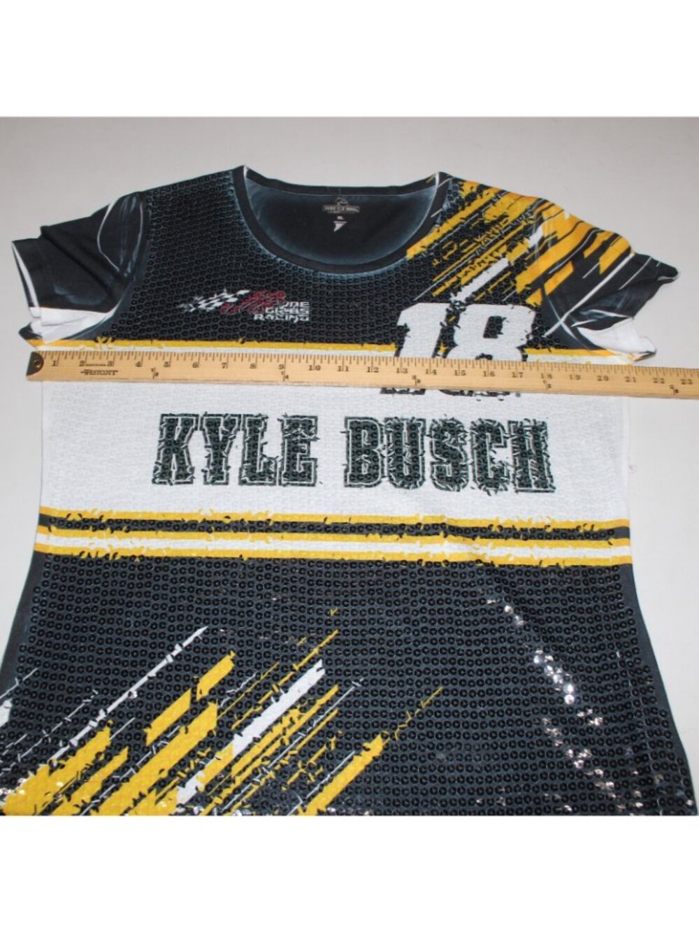 Over The Wall Top Sz XL Black White Yellow Sequin Kyle Busch 18 100% Poly Top - Picture 9 of 11